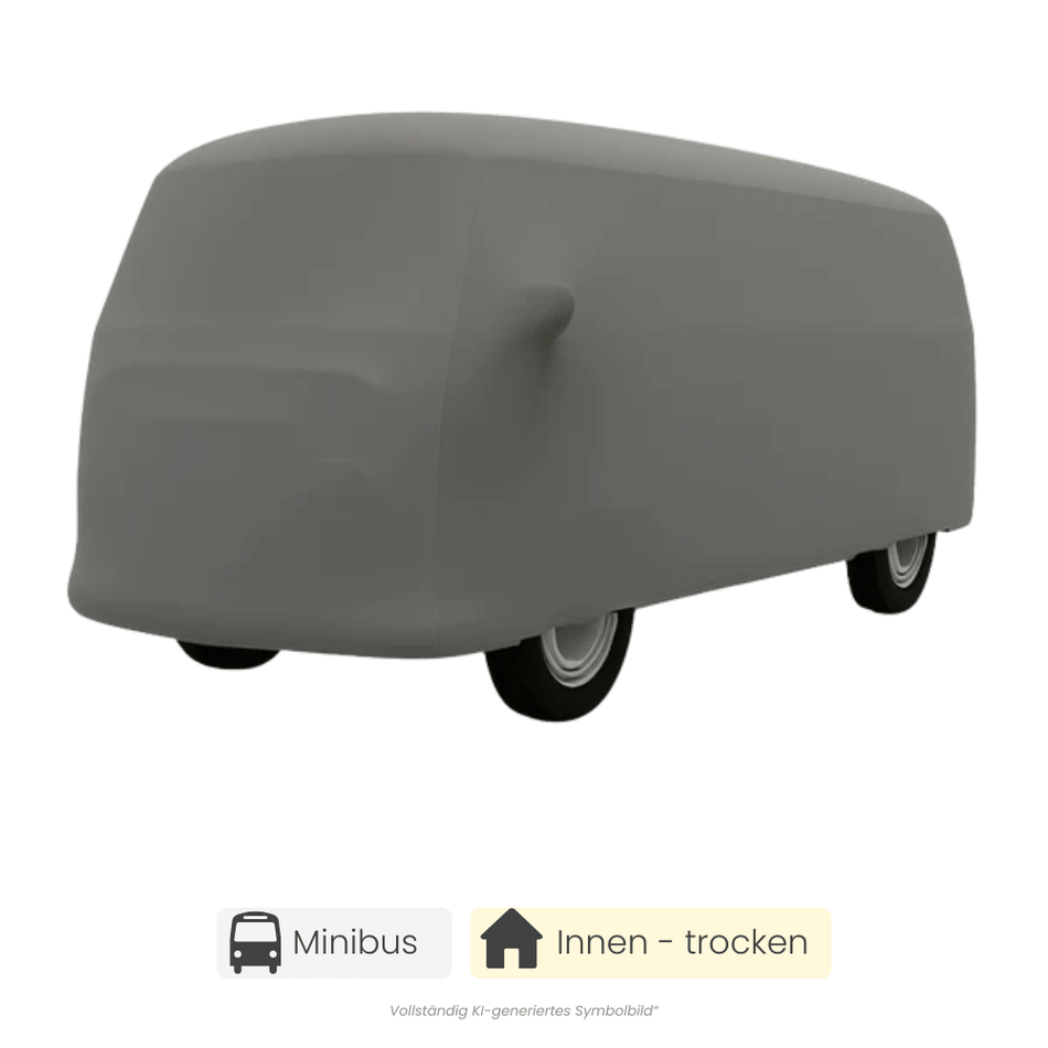 Silbergraue Perfect-Stretch Bus-Autoabdeckung auf einem vollständig abgedeckten Minibus für trockene Innenbereiche.