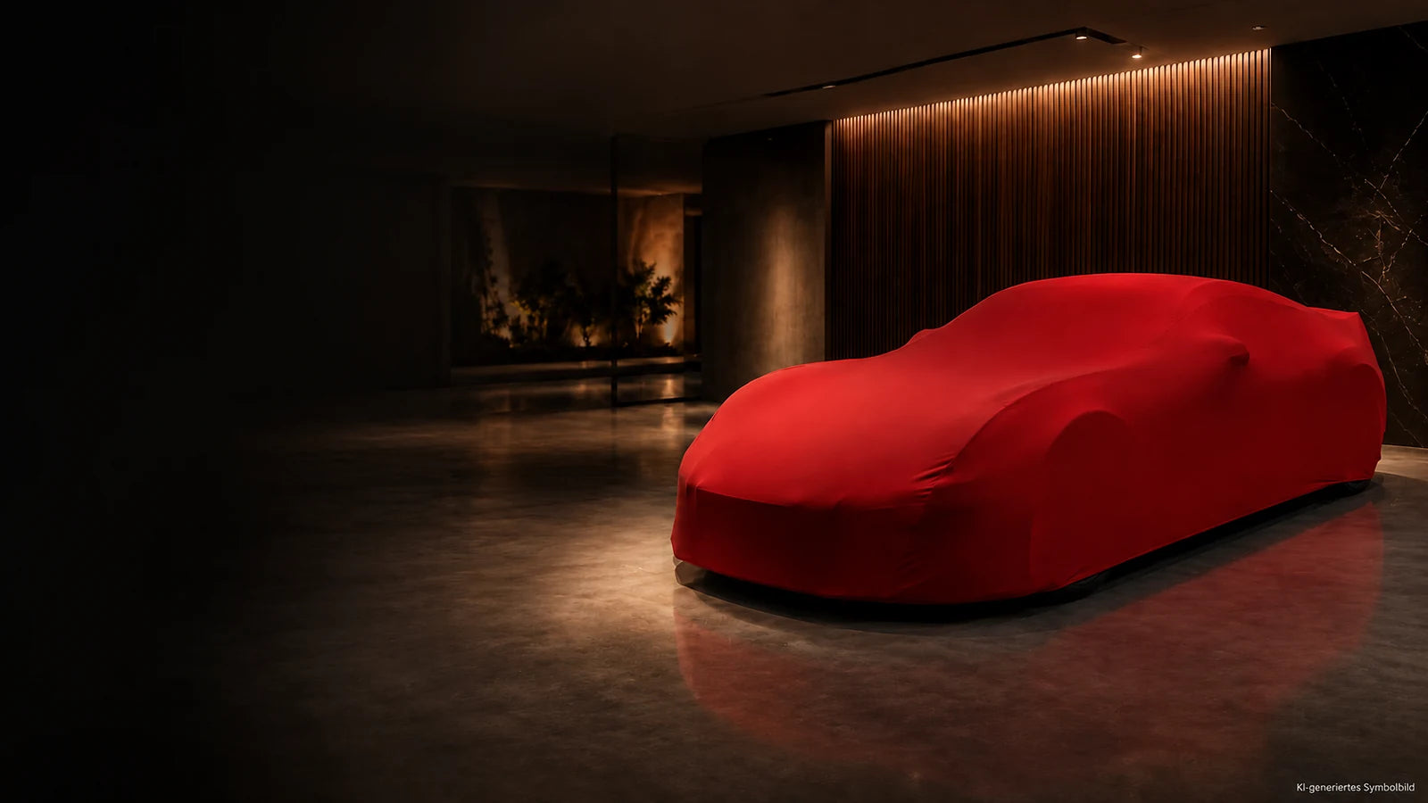 Rote Indoor-Autoabdeckung Perfect Stretch auf einem Sportwagen in einer hochwertigen Garage