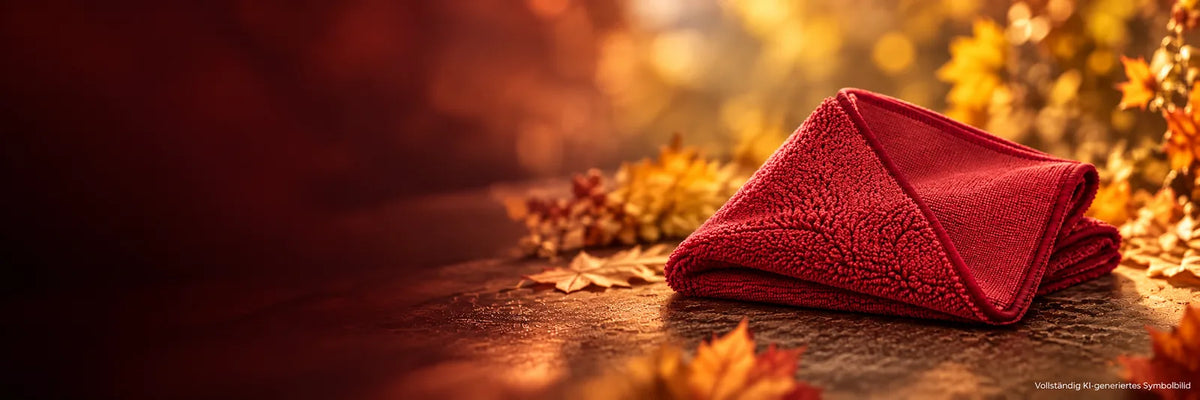 Rotes 2-in-1-Mikrofasertuch in herbstlicher Szene als Gratiszugabe zur Autoabdeckung