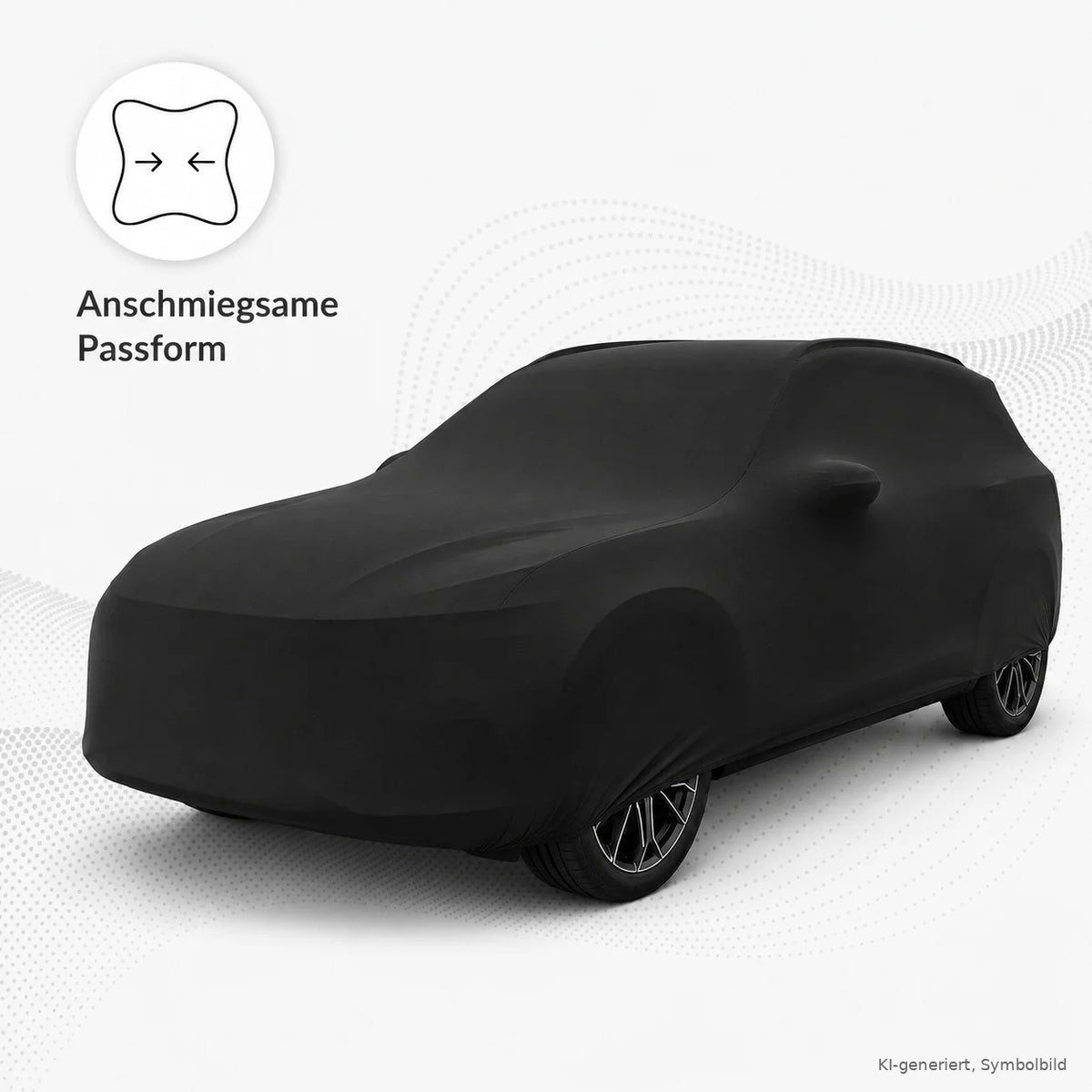 schwarze Autoabdeckung auf einem SUV Auto gecovert. Oben links Icons mit Aufschrift anschmiegsame Passform. 