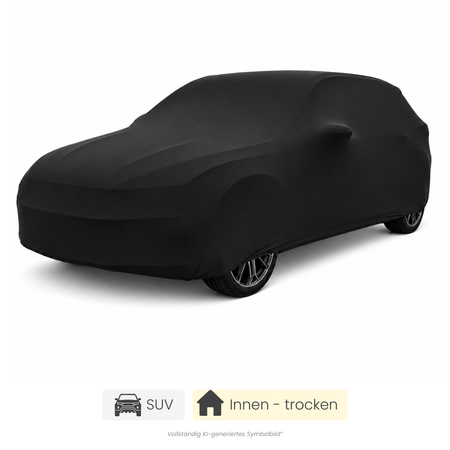 Schwarze Perfect-Stretch SUV-Autoabdeckung auf einem vollständig abgedeckten SUV für trockene Innenbereiche.