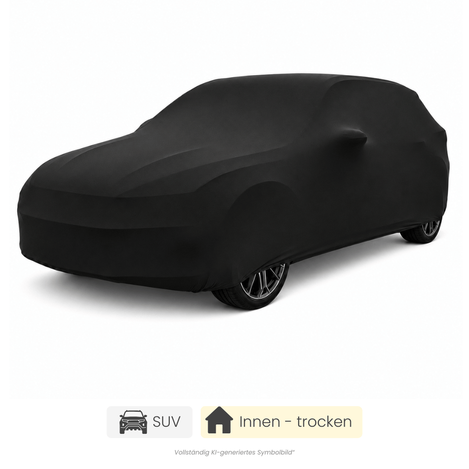 Schwarze Perfect-Stretch SUV-Autoabdeckung auf einem vollständig abgedeckten SUV für trockene Innenbereiche.