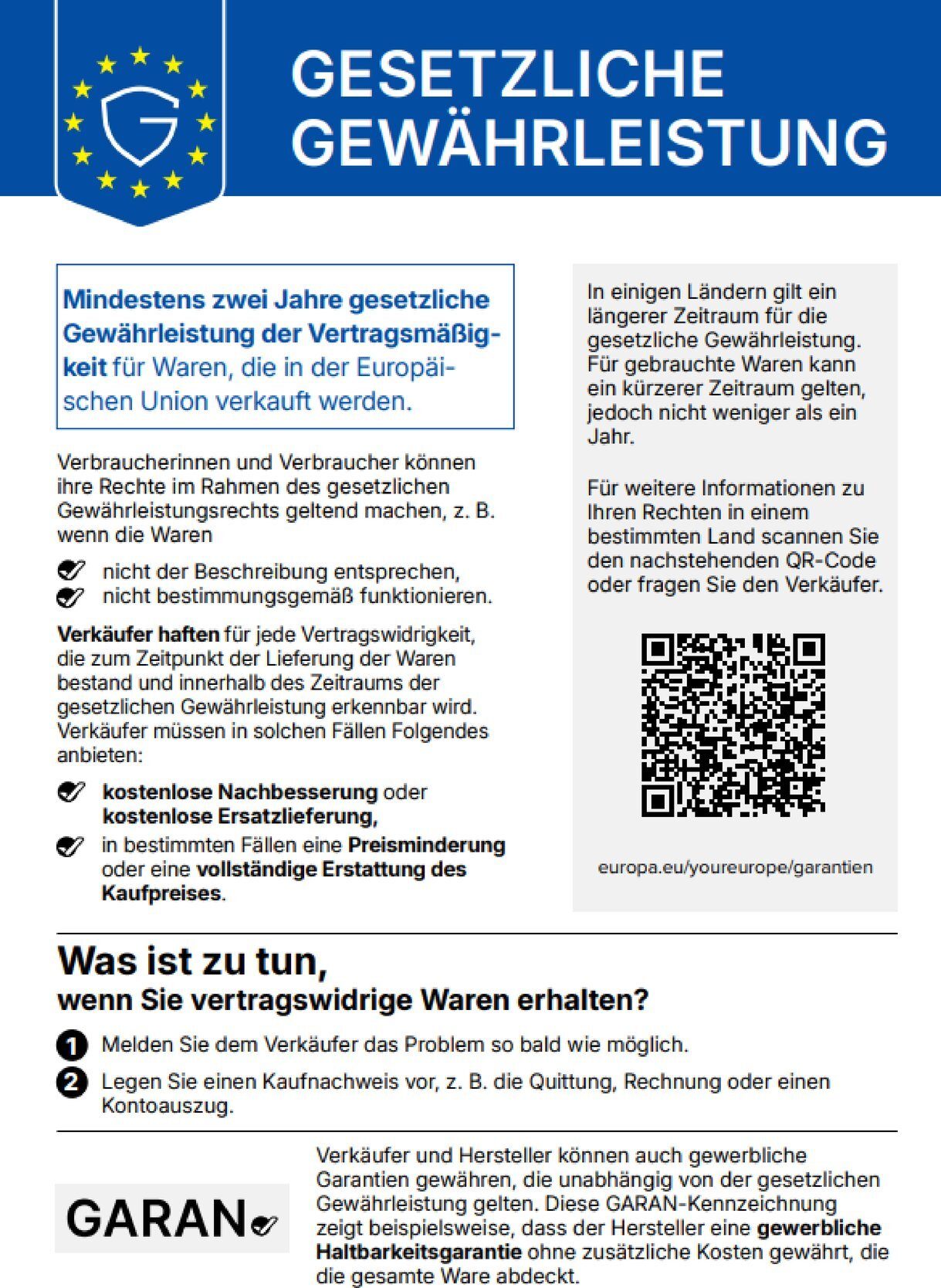 Gesetzliche Gewährleistung – EU-Label: Mindestens zwei Jahre gesetzliche Gewährleistung für Waren, die in der Europäischen Union verkauft werden